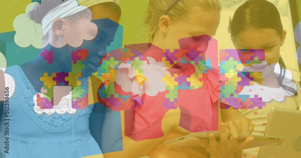 Wall mural Animation of puzzle and hope text over diverse schoolchildren