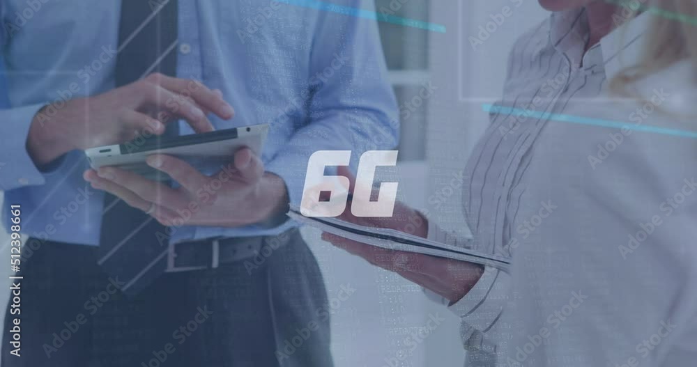 Poster animation of data processing and 6g text over caucasian business people with tablet