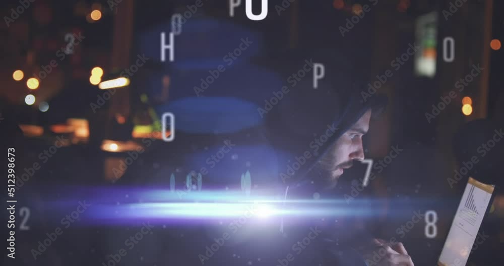 Poster animation of data processing over caucasian male hacker