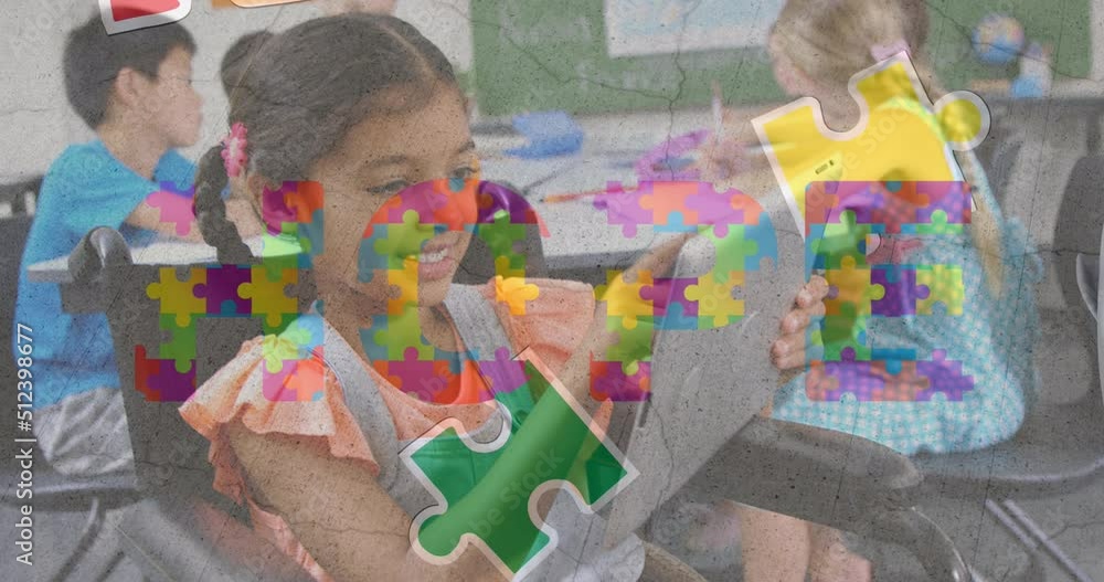 Poster Animation of puzzle over diverse schoolchildren