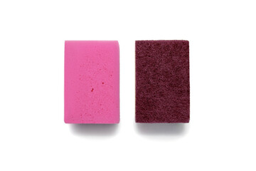 Two red kitchen sponges with a soft and rough texture on a white background in the center. Kitchen tool for washing dishes. Rough side of a kitchen sponge for removing burns and heavy soiling