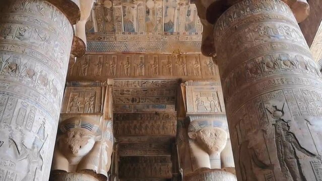 Beautiful interior of the Temple of Dendera or the Temple of Hathor. Egypt