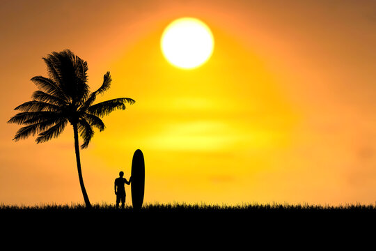 Silhouette Surfers hear at the beach with coconut palms in the morning.