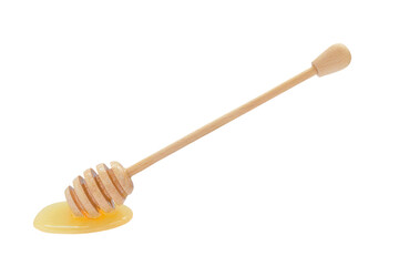 drop of honey on a wooden stick on a white background