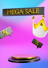 product promotion pedestal, inscription mega sale, percent symbols, golden crown, product advertising poster, 3d image, royal discount concept