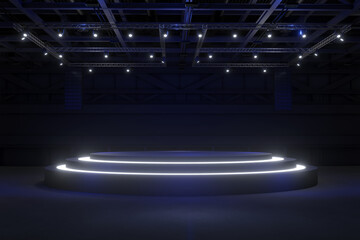 Empty stage Design for mockup and Corporate identity,Display.Platform elements in hall.Blank screen system for Graphic Resources.Scene event led night light staging.3d Background for online.3 render.