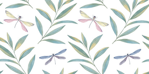 Watercolor butterflies, dragonflies, graceful twigs with leaves on an abstract background. Seamless botanical pattern for design.