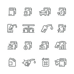 Gas station related icons: thin vector icon set, black and white kit