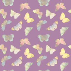 Seamless pattern Watercolor butterflies on a bright background. Botanical background of butterflies for design, wallpapers, wrapping paper, textiles.