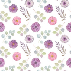 Seamless botanical pattern, watercolor abstract background. Flowers and leaves for design, print, wallpaper, textile.