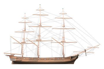 Frigate without sails. Big wooden ship. Vector illustration isolated on white background.