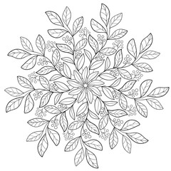 Decorative mandala with leaves and berries on a white isolated background. Floral illustration. For coloring book pages.