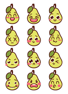 Cutie pear. Kawaii character with different emotions. Vector illustration isolated on white background.