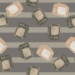 Retro TV engraved seamless pattern. Vintage television background in hand drawn style.
