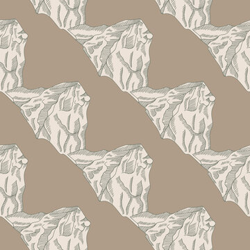 Mountain peak engraved seamless pattern. Vintage background rock landscape in hand drawn style.