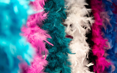 Feather boa on a hanger. Carnival decorations. Multicolored and fluffy feathers that form an element of a carnival costume.