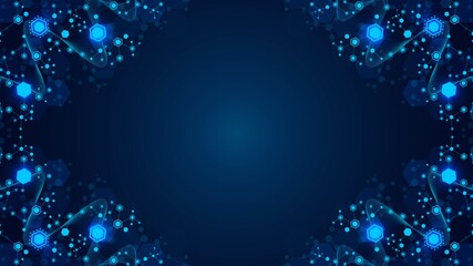 Vector neon background frame. Pattern of hexagons, lines, waves. Design of puzzle plexus. Digital network. Glowing stars. Chemical chain of molecules. Banner technology, business, science, medicine.
