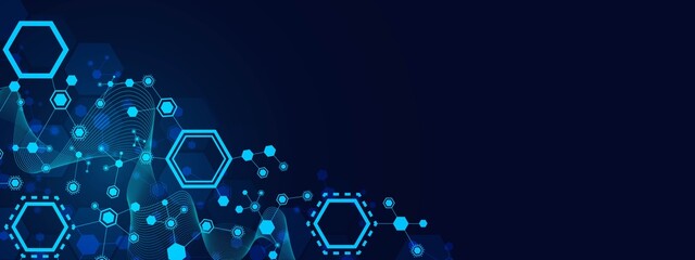 Vector neon blue background frame for icons, symbols. Pattern of hexagons, lines, waves. Geometric puzzle plexus design. Chemical chain of molecules. Poster technology, business, science, medicine.