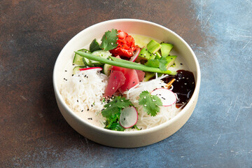 Poke in a plate on a gray background.