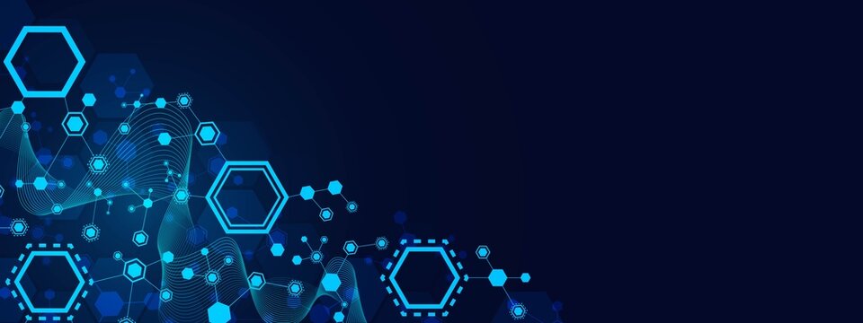 Vector neon blue background frame for icons, symbols. Pattern of hexagons, lines, waves. Geometric puzzle plexus design. Chemical chain of molecules. Poster technology, business, science, medicine. - Powered by Adobe