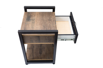 Nightstand in loft style, dark color. Furniture, part of the interior for an office or apartment. Beautiful small cabinet in a modern design. Loft style furniture.