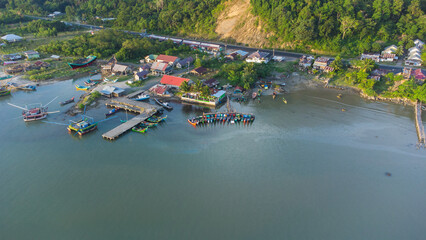 Fototapeta premium Aerial view of the fishing port in Lhok Seudu village, Aceh, Indonesia.
