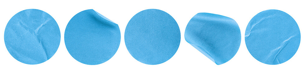 five light blue round stickers in a row on a white isolated background