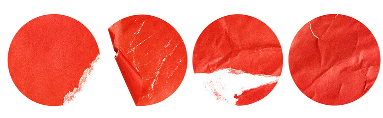 four red damaged round stickers on a white isolated background - obrazy, fototapety, plakaty