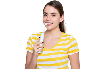 happy young girl with toothbrush isolated on white background