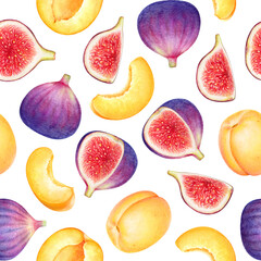 Seamless pattern with watercolor apricots and fig fruits