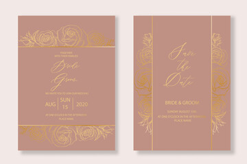 Botanical wedding invitation template set with sketch drawn gold roses flower for party, greeting card.