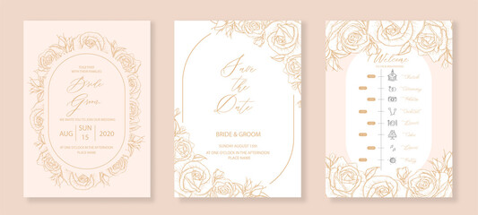 Botanical wedding invitation, save the date card and timeline template with sketch drawn roses flower and arch for party, greeting card.