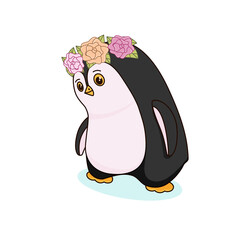 Cute little penguin with flowers looks down. Children's vector illustration, character