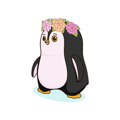 A cute little penguin with flowers looks straight ahead. Children's vector illustration, character