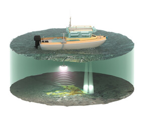 Speedboat for depth measurement. Bathymetry. Isolated on white. 3d-rendering - obrazy, fototapety, plakaty