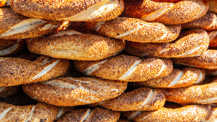 Closeup view of simit (circular bread), a popular street food among tourists and residents in Turkey.