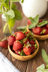 Strawberries in wood plate. Summer life. 