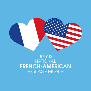 July Is National French American Heritage Month Vector. Flag Of France And Flag Of The United States In Heart Shape Icon Vector Isolated On A Blue Background. French American Friendship Design Element