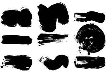 Black paint brush strokes, dirty inked grunge art brushes. Dirty ink texture splatters. Grunge rectangle text boxes
