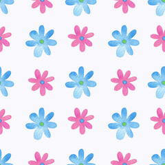 Fototapeta na wymiar Seamless pattern with blue and pink daisies on a white background. Watercolor illustration. Flowers. Nature. Plants. Print on fabric and paper. Handmade work. Art. Design. Graphics. Gentle. Holiday. 