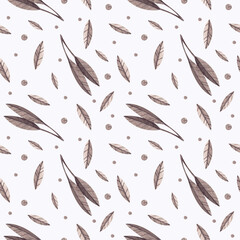 Seamless pattern with gray leaves and branches on a white background. Watercolor illustration. Nature. Plants. Print on fabric and paper. Handmade work. Art. Design. Graphics.