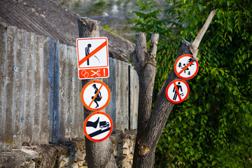 Warning signs on the road in Trebujeni village in Moldova