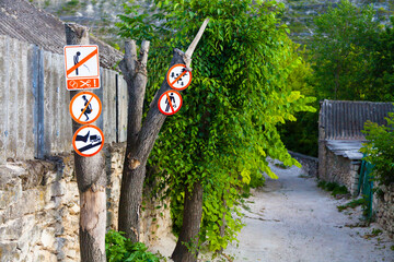 Warning signs on the road in Trebujeni village in Moldova