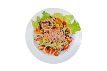 Tuna Salad with Onion,Tomatoes,Corn and Lettuce Isolated on White Background with Clipping Path