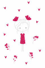 little girl in a crimson dress. Isolated vector illustration for print, surface design, fashion