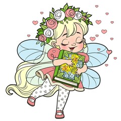 Cute cartoon little fairy hugging a big book color variation for coloring page isolated on a white background