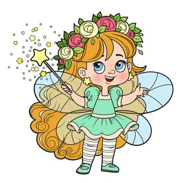 Cute little longhaired fairy girl in wreath with a Magic wand color variation for coloring page isolated on white background