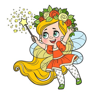 Cute cartoon little fairy in a jump color variation for coloring page isolated on white background