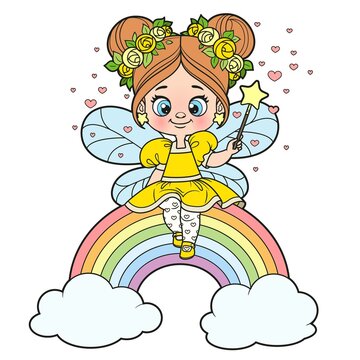 Cute cartoon little fairy casts spell with magic wand and sit on a rainbow outlined for coloring on white background