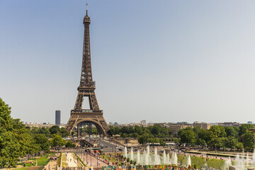 Eiffel tower in summer seen from the fountains, Paris, France.